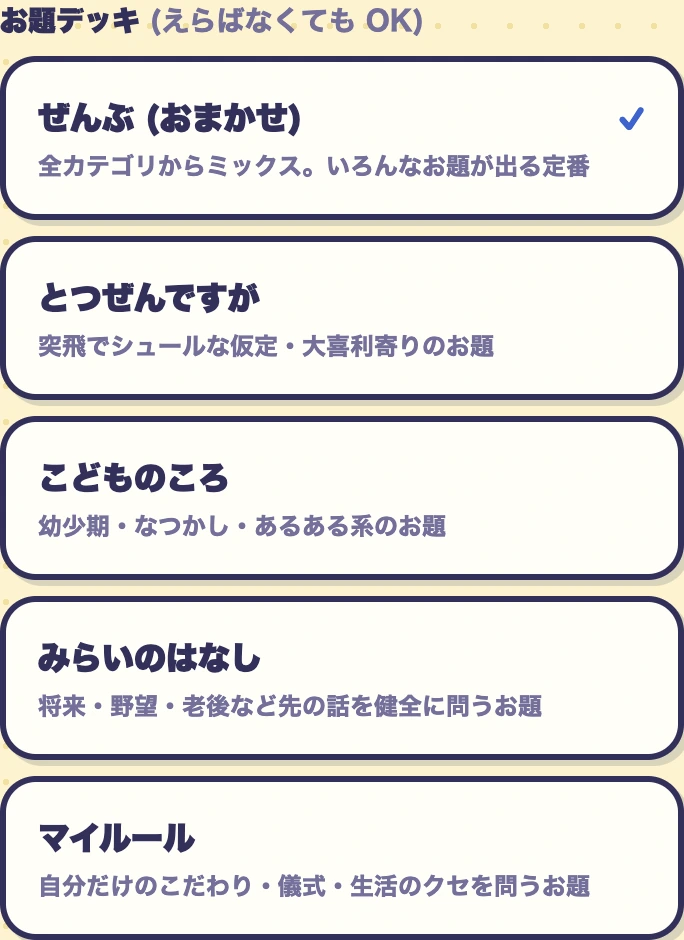 だれだっけのデッキ選択画面。「ぜんぶ (おまかせ)」が選択済みで、とつぜんですが・こどものころ・みらいのはなし・マイルールの 4 デッキが並ぶ